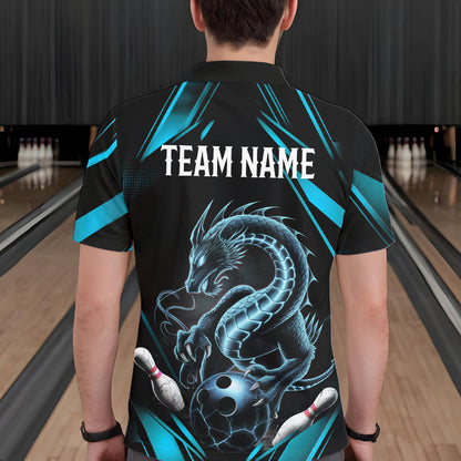 Custom Black And Blue Dragon Bowling Polo Shirts For Men, Dragon Bowling League Shirt IPHW8675
