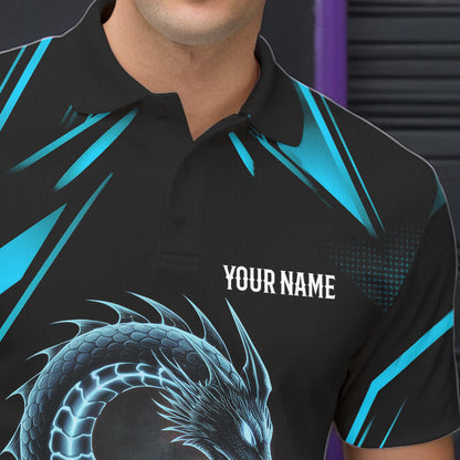 Custom Black And Blue Dragon Bowling Polo Shirts For Men, Dragon Bowling League Shirt IPHW8675