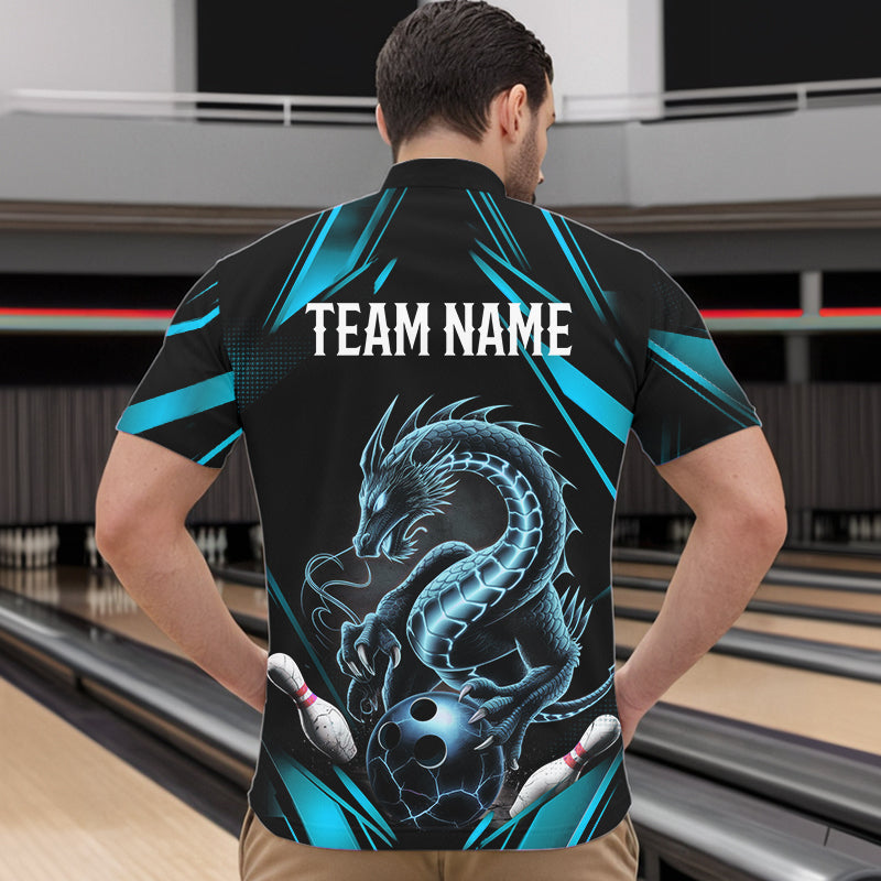 Custom Black And Blue Dragon Bowling Quarter-Zip Shirts For Men, Dragon Bowling League Shirt IPHW8675