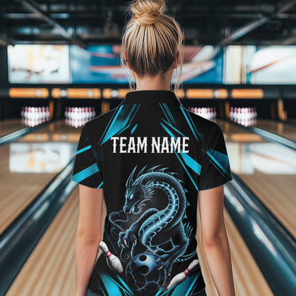 Custom Black And Blue Dragon Womens Bowling Quarter-Zip Shirts, Dragon Bowling League Shirt IPHW8675