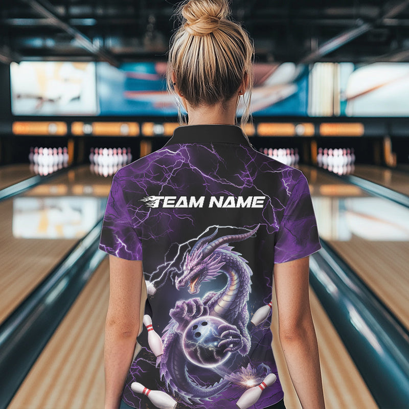 Custom Black And Purple Thunder Lightning Dragon Bowling Team Polo Shirts For Women IPHW8678