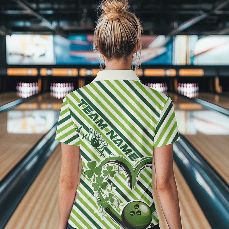 Custom Saint Patricks Day Heart Bowling Womens Polo Shirt, Lucky Bowling Team League Shirt IPHW8683