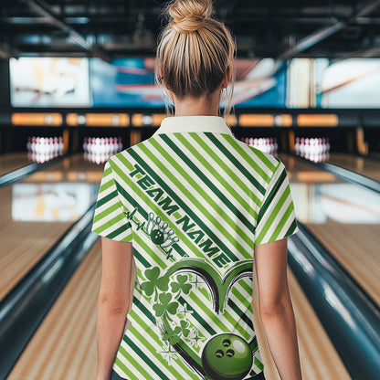 Custom Saint Patricks Day Heart Bowling Womens Quarter-Zip Shirt, Lucky Bowling Team Shirt IPHW8683