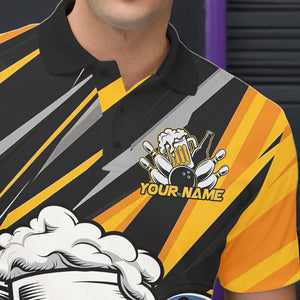 Custom Black And Yellow Funny Beer Bowling Men Polo Shirts, Angry Beer Glass Bowling Jersey IPHW8933