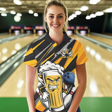 Load image into Gallery viewer, Custom Black Yellow Funny Beer Bowling Women Polo Shirt, Angry Beer Glass Bowling Jersey IPHW8933
