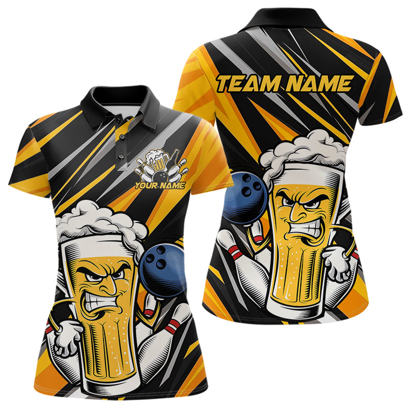 Custom Black Yellow Funny Beer Bowling Women Polo Shirt, Angry Beer Glass Bowling Jersey IPHW8933