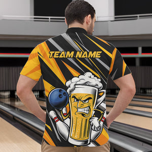 Custom Black And Yellow Funny Beer Bowling Men Quarter-Zip Shirts, Angry Beer Glass Bowling Jersey IPHW8933