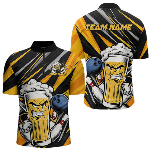Custom Black And Yellow Funny Beer Bowling Men Quarter-Zip Shirts, Angry Beer Glass Bowling Jersey IPHW8933