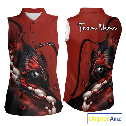 Front and back view of a red and black women’s sleeveless bowling shirt featuring a butterfly wrapped around a bowling ball with bowling pin artwork.