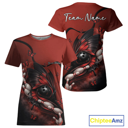 Red and black women’s crewneck bowling shirt shown from front and back with a butterfly wrapped around a bowling ball and bowling pin graphics.