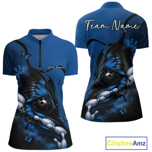 Front and back mockup of a blue and black women’s bowling quarter-zip shirt featuring a butterfly wrapped around a bowling ball and bowling pins.