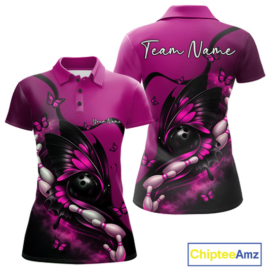 Front and back display of a pink and black women’s bowling polo shirt showcasing a butterfly wrapped around a bowling ball and bowling pins.