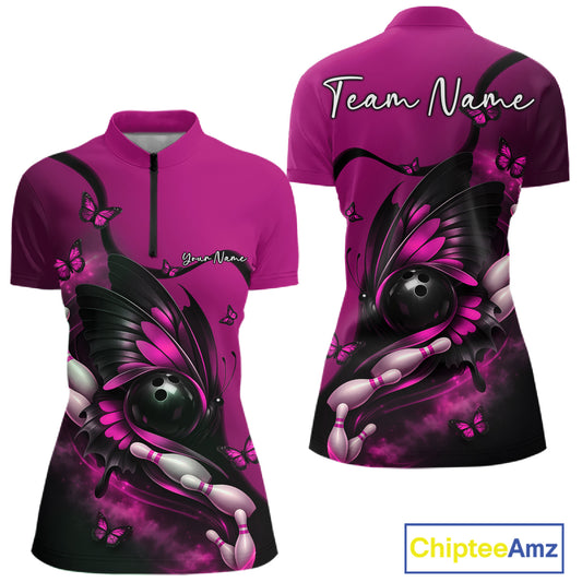 Front and back display of a pink and black women’s bowling quarter-zip shirt showcasing a butterfly wrapped around a bowling ball and bowling pins.