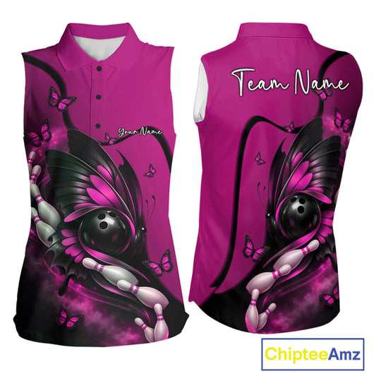 Front and back mockup of a pink and black women’s sleeveless bowling shirt featuring a butterfly embracing a bowling ball with bowling pin accents.