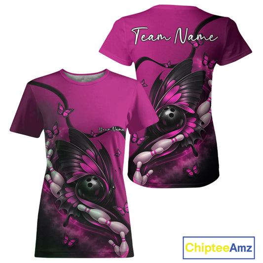 Front and back mockup of a pink and black women’s crewneck bowling T-shirt featuring a butterfly embracing a bowling ball and bowling pins.