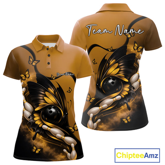 Front and back mockup of a yellow and black women’s bowling polo shirt featuring a butterfly wrapped around a bowling ball with bowling pins.