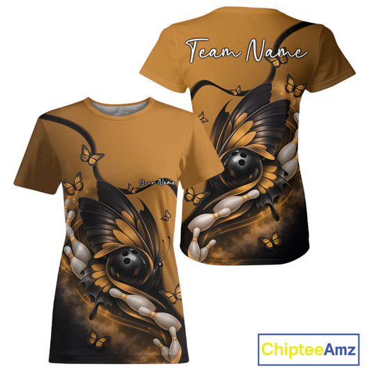 Yellow and black women’s crewneck bowling shirt shown front and back with a butterfly wrapped around a bowling ball alongside bowling pins.