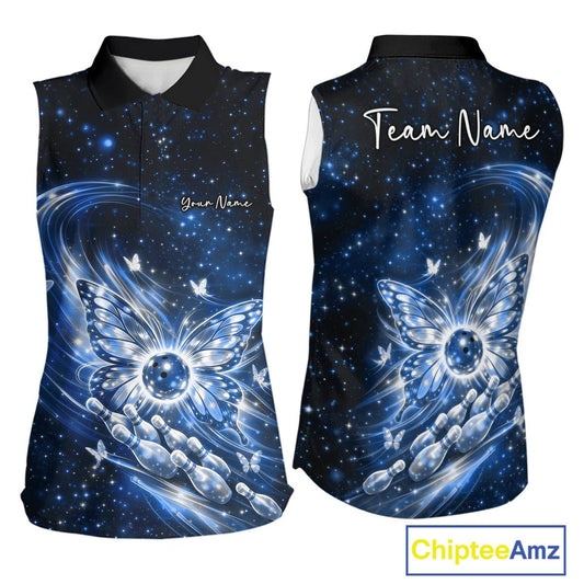Blue women’s sleeveless bowling shirt displayed front and back with glowing butterfly wings surrounding a bowling ball and galaxy background graphics.
