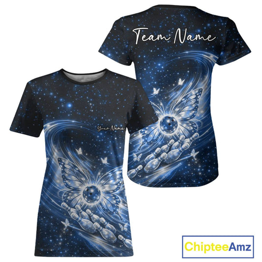 Blue women’s crewneck bowling shirt shown front and back with glowing butterfly wings surrounding a bowling ball against a galaxy-inspired background.