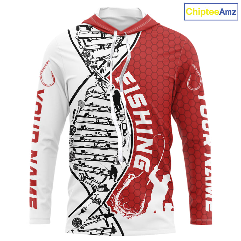 Custom Red And White Fishing Tools Fishing DNA Long Sleeve Hooded Tournament Fishing Shirts IPHW9176
