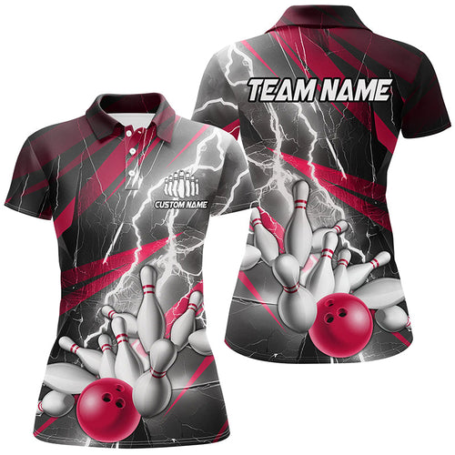 Pink Lightning Strike Custom Bowling Polo Shirts For Women, Ladies Team Bowling Shirts IPHW6854