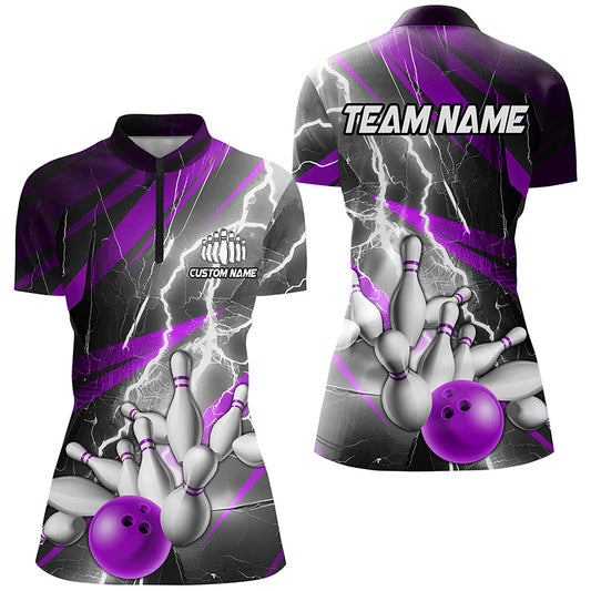 Purple Lightning Strike Custom Bowling Quarter Zip Shirts For Women,Ladies Bowling Shirts IPHW6855