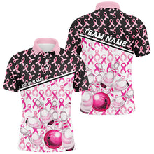 Load image into Gallery viewer, Black And Pink Breast Cancer Awareness Ribbons Custom Bowling Shirts For Men And Women IPHW7007