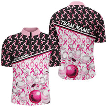 Load image into Gallery viewer, Black And Pink Breast Cancer Awareness Ribbons Custom Bowling Shirts For Men And Women IPHW7007