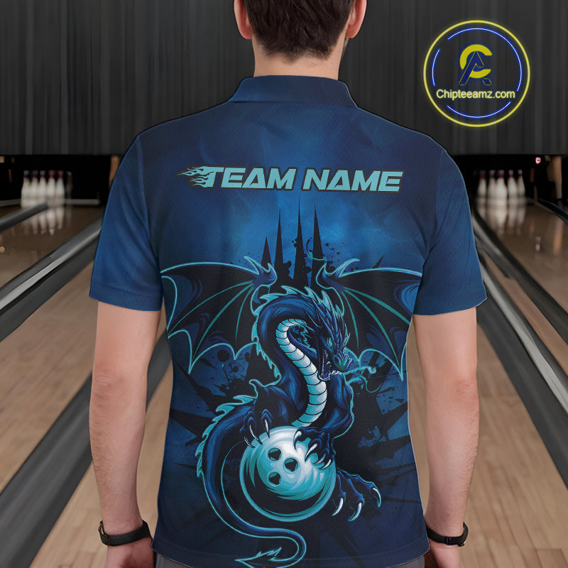 Custom Black And Blue Dragon Bowling Polo Shirts For Men, Dragon League Team Shirt IPHW9532