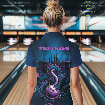 Custom Blue And Purple Dragon Bowling Polo Shirts For Women, Dragon League Team Shirt IPHW9533