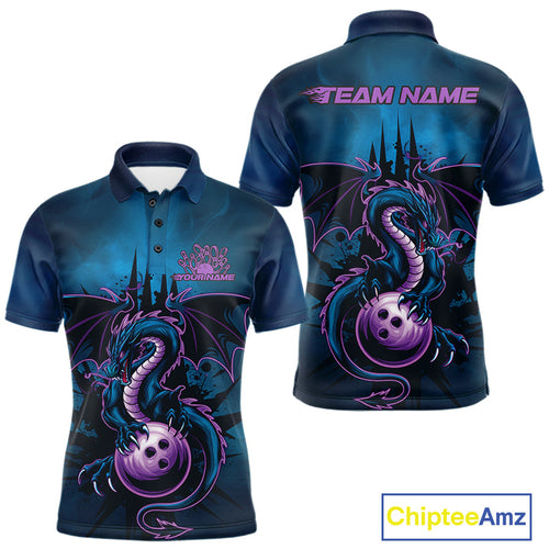 Custom Blue And Purple Dragon Bowling Polo Shirts For Men, Dragon League Team Shirt IPHW9533