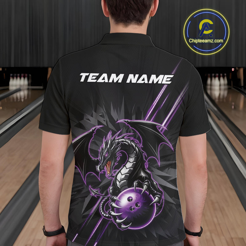 Custom Black And Purple Dragon Bowling Polo Shirts For Men, Dragon Bowling Team Shirt IPHW9538