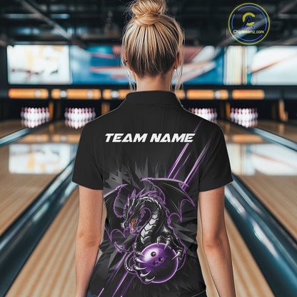 Custom Black And Purple Dragon Bowling Polo Shirts For Women, Dragon Bowling Team Shirt IPHW9538