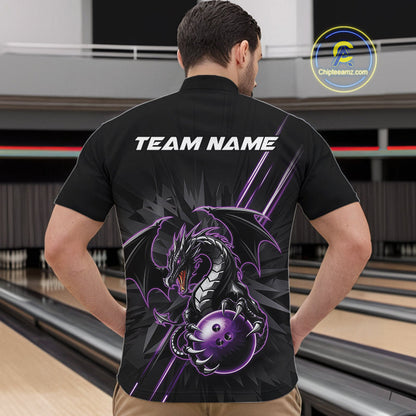 Custom Black And Purple Dragon Bowling Quarter-Zip Shirts For Men, Dragon Bowling Team Shirt IPHW9538