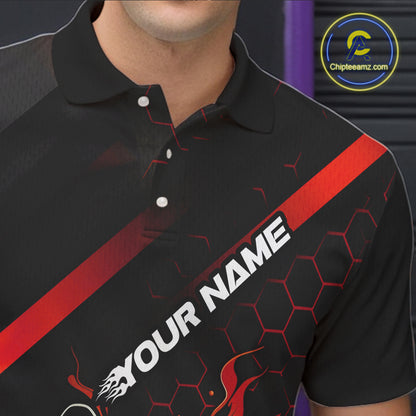 Custom Black And Red Flame Bowling Shirts For Men, Bowling Team Bowling League Shirts IPHW7210