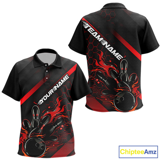 Custom Black And Red Flame Bowling Kid Polo Shirts, Bowling Team Bowling League Shirts IPHW7210
