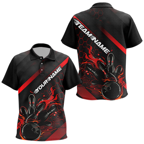 Custom Black And Red Flame Bowling Kid Polo Shirts, Bowling Team Bowling League Shirts IPHW7210