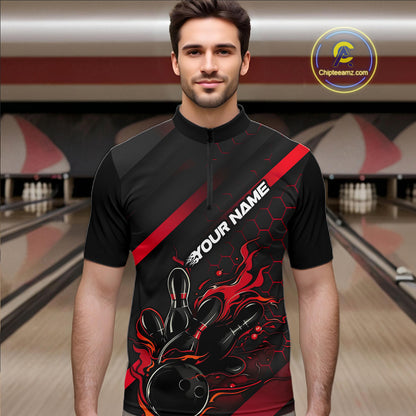 Custom Black And Red Flame Bowling Shirts For Men, Bowling Team Bowling League Shirts IPHW7210