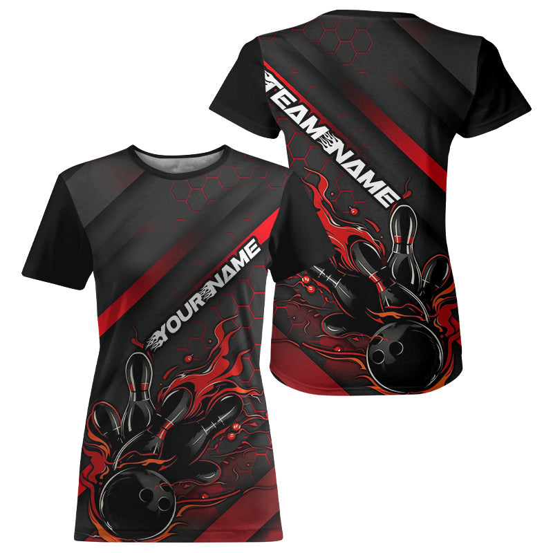 Custom Black And Red Flame Bowling Women T-Shirts Shirts, Bowling Team Bowling League IPHW7210