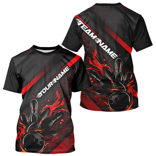 Custom Black And Red Flame Bowling Men T-Shirts Shirts, Bowling Team Bowling League IPHW7210