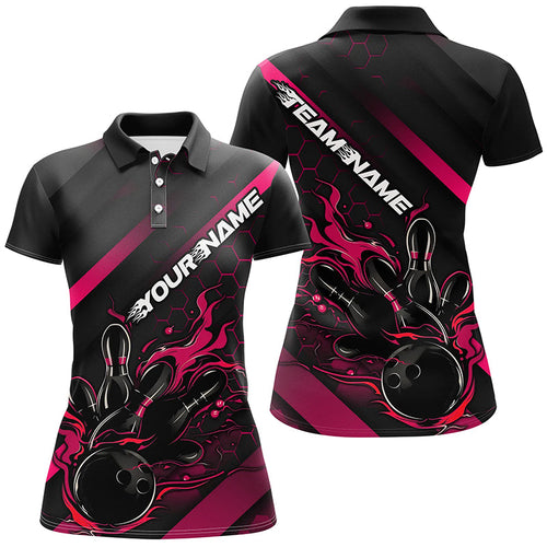 Custom Black And Pink Flame Bowling Shirts For Women, Bowling Team Bowling League Shirts IPHW7211