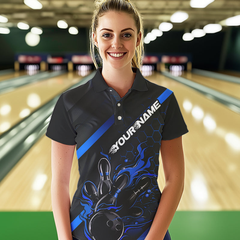 Custom Black And Blue Flame Bowling Shirts For Women, Bowling Team Bowling League Shirts IPHW7212