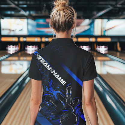 Custom Black And Blue Flame Bowling Shirts For Women, Bowling Team Bowling League Shirts IPHW7212