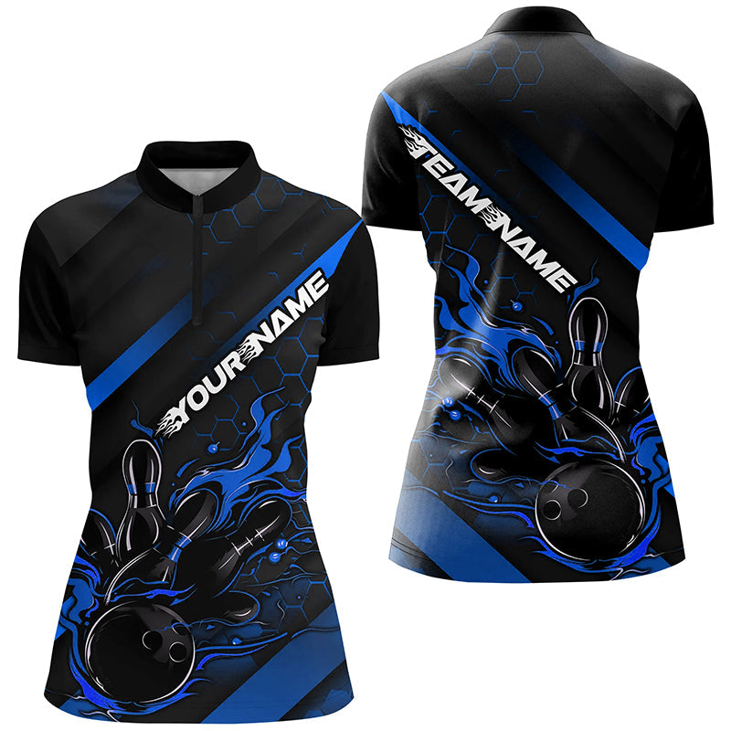 Custom Black And Blue Flame Bowling Shirts For Women, Bowling Team Bowling League Shirts IPHW7212