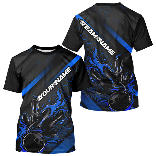 Custom Black And Blue Flame Bowling T-Shirts For Men, Bowling Team Bowling League Shirts IPHW7212