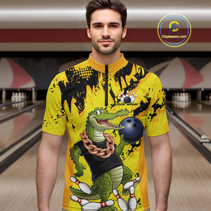 Custom Funny Alligator Bowling Quarter-Zip Shirt For Men, Grunge Yelllow Bowling Team Jerseys IPHW9922