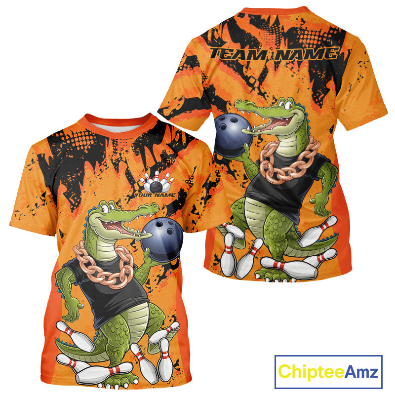 Custom Funny Alligator Bowling T-Shirts For Men, Grunge Orange Bowling Team Jerseys IPHW9923