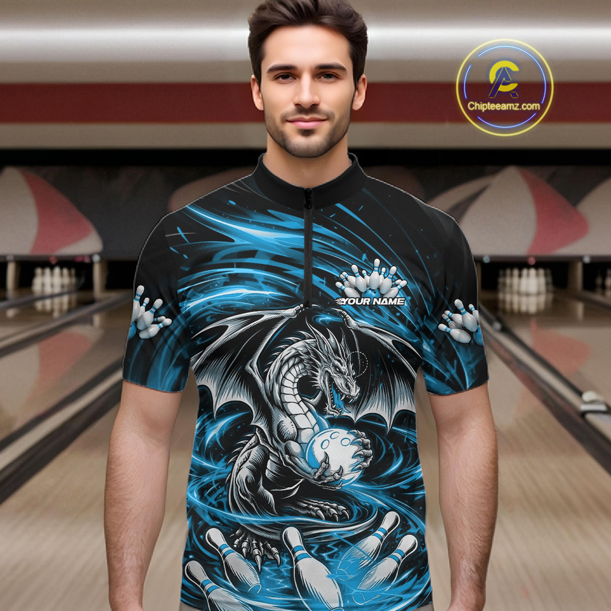 Custom Black And Blue Fire Flame Dragon Bowling Jerseys Bowling Team Men Quarter-Zip Shirt IPHW10292
