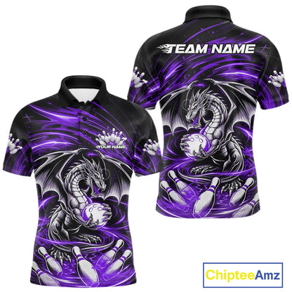 Custom Black And Purple Fire Flame Dragon Bowling Jerseys Bowling Team Men Polo Shirt IPHW10295