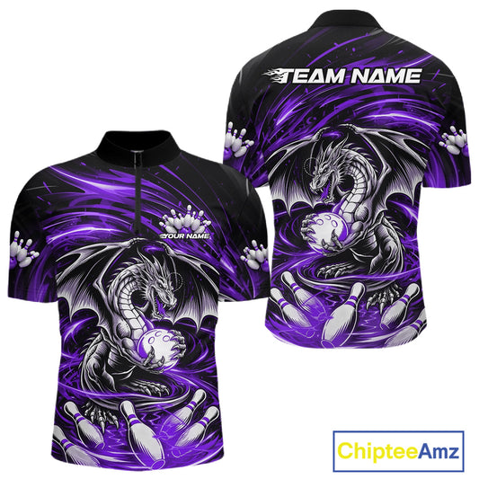 Custom Black And Purple Fire Flame Dragon Bowling Jerseys Bowling Team Men Quarter-Zip Shirt IPHW10295
